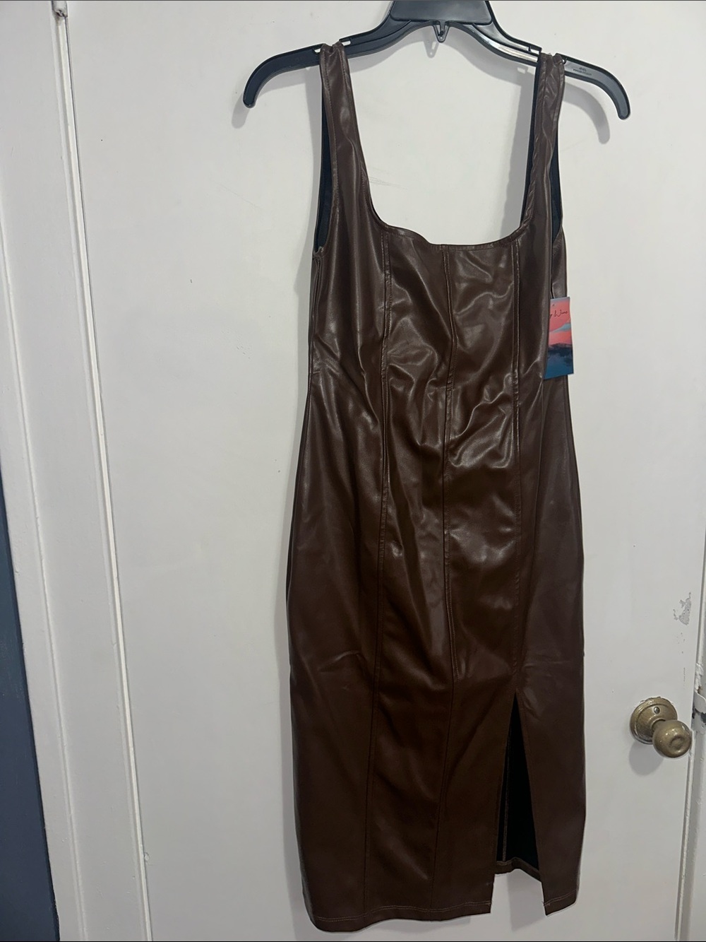Brown Faux Leather Midi Dress with Front Slit